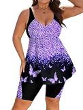 Arolina Plus Size Tankini Swimwear for Women Over 50 High Waisted V Neck Bathing Suit with Shorts Purple Butterfly (20W)