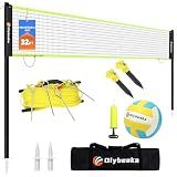 Portable Outdoor Volleyball Net Set for Backyard Beach with Adjustable Poles, Soft PU Volleyball & Pump, Carry Bag and Durable Anti-Sagging Net (Black and Green, 32ft)