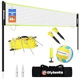 Portable Outdoor Volleyball Net Set for Backyard Beach with Adjustable Poles, Soft PU Volleyball & Pump, Carry Bag and Durable Anti-Sagging Net (Black and Green, 32ft)