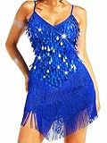 Nicute Salsa Latin Dance Dress Sequin Fringe Flapper Dress Tassel 1920s Vintage Tango Ballroom Dresses Costume for Women (Dark Blue)