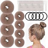 FANDAMEI Donut Bun Makers- 4PCS Extra Small 4 PCS Small Hair Bun Maker for Kids, Ballet Bun Donuts for Hair, with 5 Elastic Hair Ties and 40 Pins (Tan Brown)