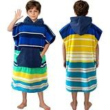Surf Poncho Towel for Teens & Big Kids (8-14 Years,36"X26") | 100% Cotton Ultra-Absorbent Oversized Hooded Towel Robe with Pocket for Boys | Swim Cover-Up for Pool, Beach, Bath | Blue Striped Design