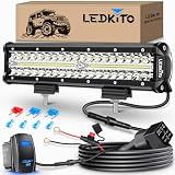 LEDKITO 12in LED Light Bar Spot Flood Combo with Rocker Switch Wire Harness