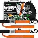 Rhino USA Motorcycle Tie Down Straps (2 Pack) Lab Inspected 2,200lb Break Strength, Steel Cambuckle Tiedown Set with Integrated Soft Loops - Better Than a Ratchet Strap (Orange 2-Pack)