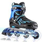 2pm Sports Vinal Boys and Girls Adjustable Flashing Inline Skates, All Wheels Light Up, Fun Illuminating Skates for Kids and Youths - Azure Large(4Y-7Y US