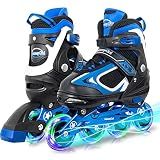 MammyGol Adjustable Inline Skates for Boys Girls Kids Youth with Light up Wheels, Blue Beginner Blades Roller Skates for Boys Size 1 2 3 4 Ages 6-12