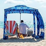 AMMSUN Beach Cabana, 6.2'×6.2' Beach Canopy, Easy Set up and Take Down, Cabana Tent with Sand Pockets, Instant Sun Shade with Side Wall, Coral Tropical