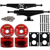 Longboard Skateboard Trucks Combo Set 76mm Bigfoot Cruisers Wheels with Black Trucks, Bearings, and Hardware Package (76mm Red Wheels, 7.0 (9.63") Black Trucks)