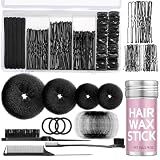 Black Bun Maker, Hair Donuts for Buns,Ballet Bun Kit | Complete Hair Bun Maker Kit,4pcs Hair Donut, 20pcs Hair Net for Buns, Black Bobby Pins Kit, Hair Wax Stick