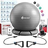 INTENT SPORTS Yoga Ball Chair – Stability Ball with Inflatable Stability Base & Resistance Bands, Fitness Ball for Home Gym, Office, Improves Back Pain, Core, Posture & Balance (65 cm) (Gray)