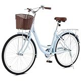 Viribus Beach Cruiser Bike for Women, 26 inch Womens Bike with Basket 1 Speed, Step Through Adult Bicycle for City Commuter, Seniors, Ladies, Female, Vintage Retro Blue