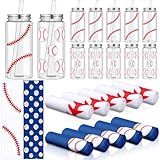 SmoothNovelty 24 Pcs Baseball Party Gift Set Include 12 Baseball Cooling Towels 12 Plastic Cups Bulk with Lid Straw 14.2 Oz for Sport Party Favors Player Team Gifts