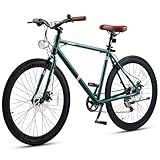 VIRIBUS Hybrid Bikes, 28 inch Mens Bike with Lightweight Aluminum Frame, 700C Bikes for Tall Men, 7 Speed Vintage Hybrid Bicycles for City Commuters, Adult Road Bike Male for Fitness, Retro Green