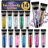 AROIC 14 Colors Body Glitter, 4th of July Face & Hair Glitter Gel Set for Festival, Eye Shimmer for Women Rave Accessories Party Supplies, Face Paint Hair/Cheek/Eyelid Sparkle Makeup-18ml/Tube