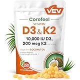 VEV Corefeel Vitamin D3 K2 10,000 IU, 200 mcg MK-7, 300 Coconut Oil Softgels, 2 in 1 Vitamins Supplement D & K (Include MK7), Easy to Swallow, Supports Calcium Absorption, Bone Health