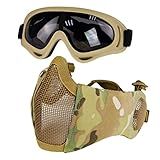 Yzpacc Airsoft Mask with Goggles, Foldable Half Face Airsoft Mesh Mask with Ear Protection for Paintball Shooting Cosplay CS Game