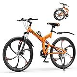 Betterland 26 Inch Folding Mountain Bike, 21 Speeds Full Suspension Foldable Bikes, Dual Disc Brake, High Carbon Steel Frame and Non-Slip Quick Release tire Bicycle for Adult