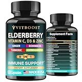 Elderberry Immune Support Supplement 8-in-1 Formula with Echinacea, Vitamin C & Zinc, Vitamin D 5000 IU, Turmeric, Ginger, Ashwagandha – 60 Capsules