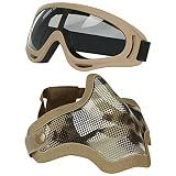 Aoutacc Airsoft Half Face Mask Steel Mesh and Goggles Set, Tactical Masks Protection Gear for Paintball BBS CS Nerf Game Cosplay Halloween Costume Accessories (Tan Camo)