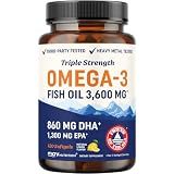 Triple Strength DHA Omega-3 Fish Oil 3600 mg | Over 2100mg Omega-3 Fatty Acids with 860 mg of DHA | 1300mg EPA | Best Essential Fatty Acids | Premium Wild Caught & Burpless Fish Oil | 120 Softgels