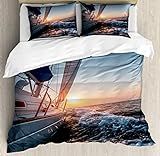 Ambesonne Nautical Duvet Cover Set King Size, Sail Boat in The Sea Waves Toward Sunset Marine Adventure Hobby Scenery, Decorative 3 Piece Bedding Set with 2 Pillow Shams, Blue Yellow