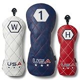 Sopkop USA Golf Club Covers Set, Driver Head Covers Fairway Wood Headcover Hybrid Head Cover of Hand-Embroidery Techniques,Colors of American Flag, for Men Women Golf Enthusiast (3 Pack)