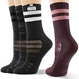 CS CELERSPORT Pilates Socks for Women, 4 Pairs Yoga Crew Non Slip Grip Socks for Barre Hospital Gym, Black+Grey+Red, Small