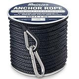 RainierSupplyCo Boat Anchor Rope - Double Braided Marine Rope Anchor Line - 100 ft x 3/8 Inch Nylon Boating Line with 316 Stainless Steel Thimble and Heavy Duty Marine Grade Bow Shackle - Black