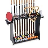 XCSOURCE Pool Stick Holder Floor Stand, 2-IN-1 Pool Cue Rack & Ping Pong Paddle Holder, 100% Solid Wood Holds 9 Cues Full Set of Balls, Billiards and Table Tennis Accessories for Man Cave, Game Room