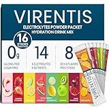 VIRENTIS 16 Sticks Electrolytes Powder Packets Sugar Free Hydration Packets, 8 Flavors Liquid Daily IV Electrolyte Drink Mix for Rehydration with 8 Electrolytes & 6 Vitamins, 0 Calorie, Low Sodium