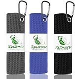 KUUKIKV 3 Pack 16" X 16" Golf Towels for Golf Bags, Premium Waffle-Pattern Golf Towel with Carabiner Clip, Super Absorbent Microfiber Towel, Golf Accessories for Men, Black-Blue-Gray Colors