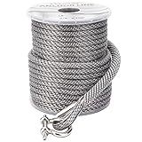 MARINE SYSTEM Made 3/8 Inch 50FT 100FT 150FT Premium Solid Braid MFP Black Gray Anchor Line Braided Anchor Rope/Line with Stainless Steel Thimble and Shackle (3/8" x50' Gray)