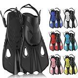 MELUMILU Snorkel Fins, Swim Fins Travel Size Short Adjustable for Snorkeling Diving Adult Men Women Open Heel Swimming Flippers (Black)
