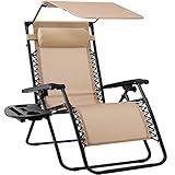 Best Choice Products Folding Zero Gravity Outdoor Recliner Patio Lounge Chair w/Adjustable Canopy Shade, Headrest, Side Accessory Tray, Textilene Mesh - Beige