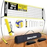 Dimples Excel 12x8 FT Professional Portable Volleyball Net Set with 4 Adjustable Height Levels (5.05–8 FT), Includes Volleyball, Pump, Carry Bag and Sandbags for Indoor/Outdoor Training