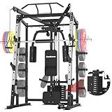 SunHome Smith Machine with 120LBS Weight Stack, 2000LBS Power Cage Squat Rack with Smith Bar, Two LAT Pull-Down Systems, Cable Crossover Machine and and More Cable Attachment for Home Gym