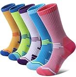FNOVCO Women's Hiking Walking Running Crew Socks Thick Cushioned Athletic Compression Socks 5 Pairs (Multicolor 02, 9-11)