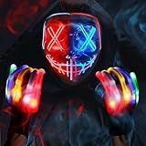 Max Fun Halloween Mask Glowing Gloves for Halloween Costume Cosplay Led Light Up Scary Masks with 3 Lighting Modes Cosplay Lighted Face Masks for Halloween Parties Masquerade Party (Red & Blue)
