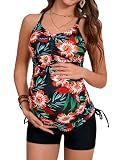 Maacie Maternity Athletic Tankini Swimsuits with Shorts Red Flowers L