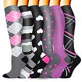 Sooverki Compression Socks for Women & Men 6 Pairs is Best Supportive Knee High Stockings for Night Gym Everyday Volleyball Tall Length Large-Xlarge Sets Pink Black Classic Dot Stripe Soft