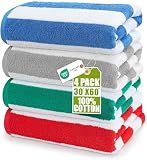 Utopia Towels Pack of 4 Cabana Beach Towels, Oversized 30 x 60 Inches Cotton Beach Towel Set, Smooth Ring Spun Texture for Pool and Swim Days, Modern Striped Design Bath Towels