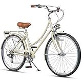 AVASTA 26 Inch Hybrid Bike, Lightweight Step-Through Hi-Ten Steel Frame for City Commuting, 6 Speed Comfort Bicycle with Light in Elegant Beige with Stylish Black Tires for Woman Female