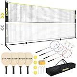 TYRSEN Portable Pickleball Badminton Net Set, 17FT Adjustable Heights All-in-One Net w/4 Pickleball Paddles 4 Badminton Rackets, Freestanding Net for Backyard Family Sports
