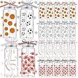 Hushee 24 Pcs 14.2 oz Sports Plastic Tumbler with Lid and Straw Basketball Football Baseball Soccer Clear Plastic Cups with 4 Sports Themed Ribbons Reusable Cups for Birthday Party Favors
