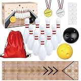 PPXMEEUDC Mini Bowling Set Indoor Outdoor Indoor Bowling Set with Guide Arrow Mat Gold and Silver Medal Backpack Dispensing Suitable for Family Friends Family Party Entertainment