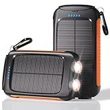 Portable Charger Solar Power Bank 20000mAh with USB-A and USB-C 5V/3A Output Port Orange Battery Pack Compatible with iPhone, Samsung, Waterproof Emergency LED Flashlights Perfect for Camping, Hiking