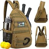 SunForMorning Pickleball Bag, Tactical Pickleball Backpack for Women Men, Adjustable Sling Bag with Fence Hook Water Bottle (Includes 2 Patches+1Carabiner), Brown