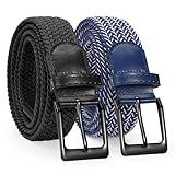 SANSTHS 2 Pack Stretch Braided Elastic Belt for Men, 1 3/8" Elastic Woven Belts Mens Stretch Belt for Casual Golf Jeans, 2 Pack – Blue White & Black