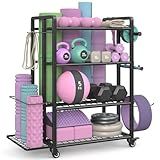 4-Tier Dumbbell Rack Stand Only, Adjustable Weight Rack for Dumbbells Kettlebells Yoga Mat, Home Gym Storage Rack with Wheels and Hooks, Powder Coated Finish (Large)