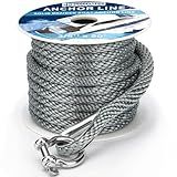 Boat Anchor Rope 3/8 inch 50ft Premium Solid Braid Nylon MFP Boat Rope with Stainless Steel Thimble & Shackle, Quality Marine Line, Grey,Boat Accessories